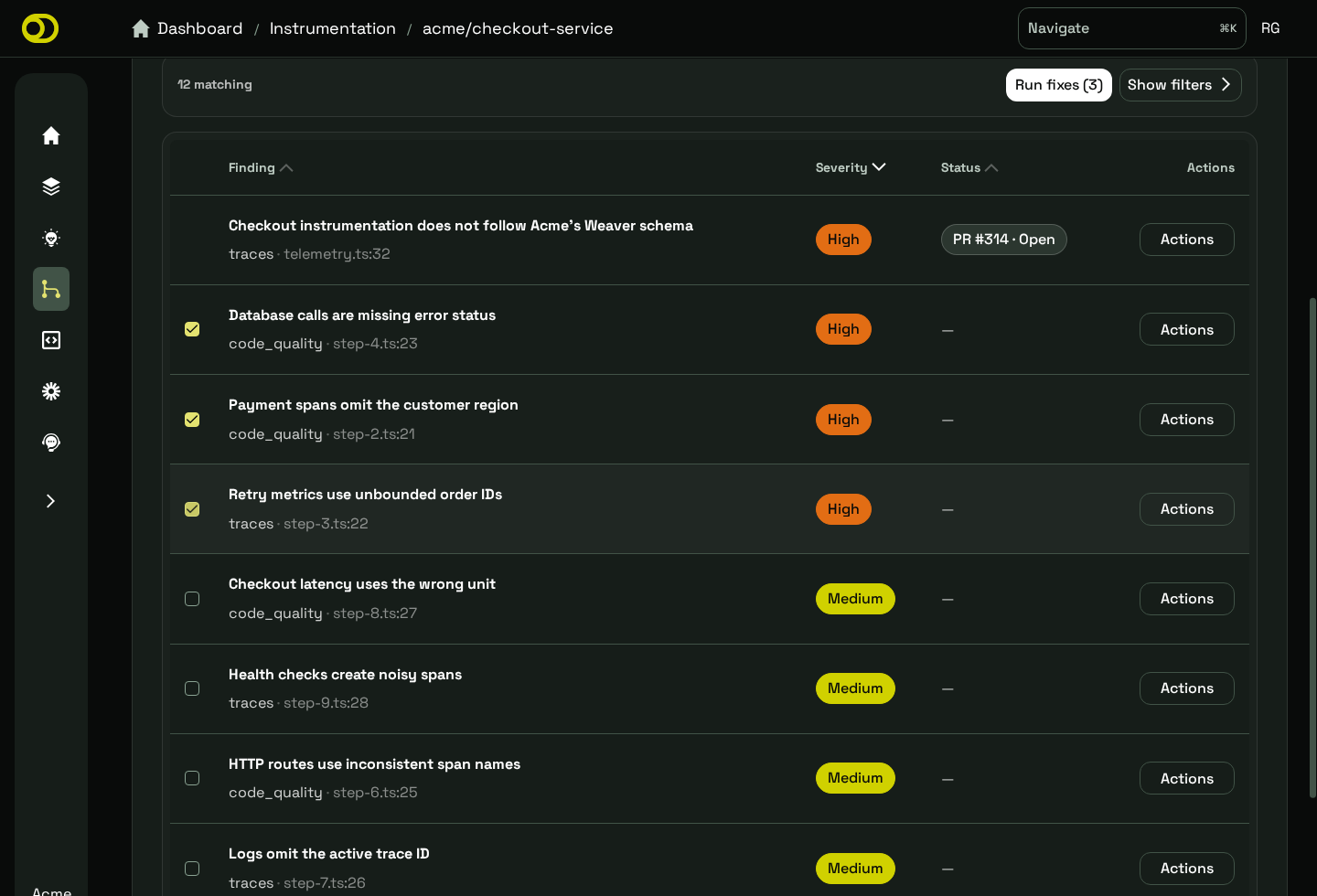 Rose findings list for Acme Checkout with three high-severity findings selected and the Run fixes (3) action available