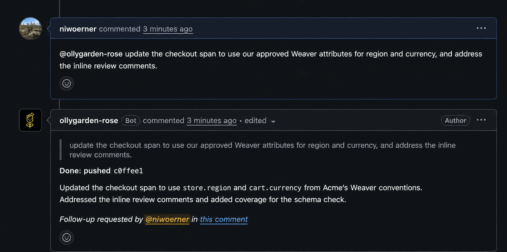 GitHub pull request conversation where a collaborator asks Rose to update checkout span attributes and address review comments, then Rose replies with a completed summary